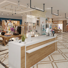 Laden Sie das Bild in den Galerie-Viewer, Thekenaufsteller Trennwand / Spuckschutz PLEXIGLAS klar mit Metallfüßen Weiß (Höhe justierbar) - Caretec Germany - Plexi, Trennwände