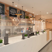 Laden Sie das Bild in den Galerie-Viewer, Thekenaufsteller Trennwand / Spuckschutz PLEXIGLAS klar mit Metallfüßen Anthrazit (Höhe justierbar) - Caretec Germany - Plexi, Trennwände