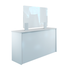 Laden Sie das Bild in den Galerie-Viewer, Thekenaufsteller Trennwand / Spuckschutz PLEXIGLAS klar mit Metallfüßen Weiß (Höhe justierbar) - Caretec Germany - Plexi, Trennwände