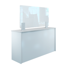 Laden Sie das Bild in den Galerie-Viewer, Thekenaufsteller Trennwand / Spuckschutz PLEXIGLAS klar mit Metallfüßen Weiß (Höhe justierbar) - Caretec Germany - Plexi, Trennwände