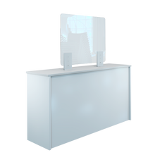 Laden Sie das Bild in den Galerie-Viewer, Thekenaufsteller Trennwand / Spuckschutz PLEXIGLAS klar mit Metallfüßen Weiß (Höhe justierbar) - Caretec Germany - Plexi, Trennwände