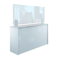 Laden Sie das Bild in den Galerie-Viewer, Thekenaufsteller Trennwand / Spuckschutz PLEXIGLAS klar mit Metallfüßen Weiß (Höhe justierbar) - Caretec Germany - Plexi, Trennwände
